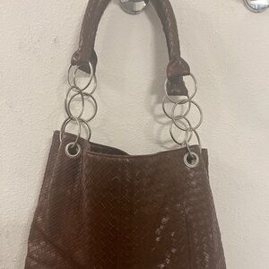 MSC Brown Woven Leather Shoulder Bag Medium Silver Ring Handle Boho Purse